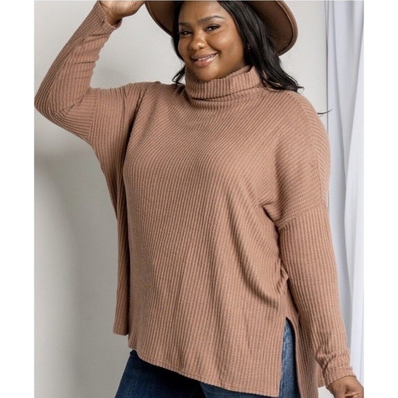 Zenana Thermal Waffle Knit Cowl Neck Hi-Low Tunic Oversized Sweater Cocoa Rayon - Picture 3 of 16